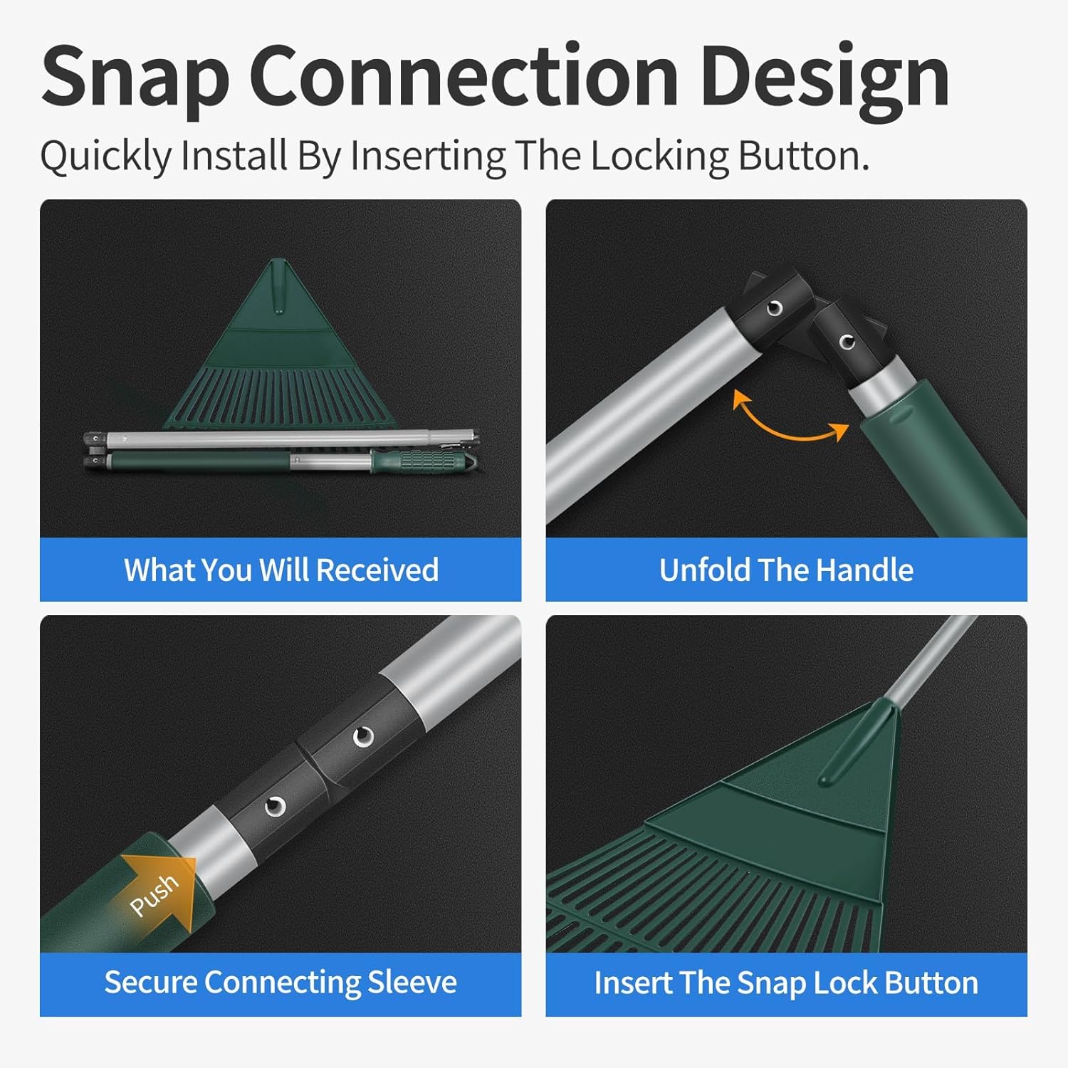 Garden Leaf Rake, 60" Garden Rakes with Foldable Lightweight Steel Handle, 22 Tines Plastic Head Shrub Rake, Folding Yard Garden Rake for Lawns, Grass, Flower Beds Leaves Cleaning, Silver & Green