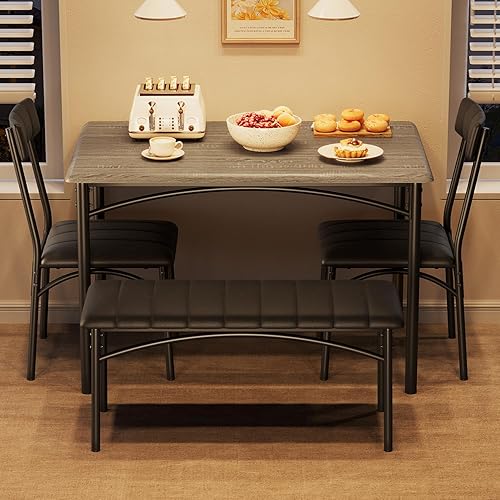 GarveeHome Juego de mesa de comedor para 4, mesa de cocina con sillas tapizadas y banco, juego de mesa de comedor rectangular de madera y sillas