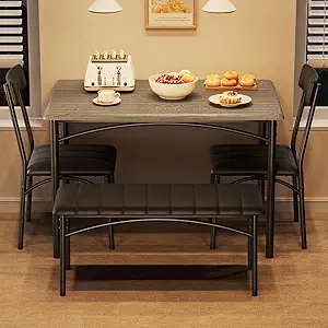 GarveeHome Dining Table Set for 4, Kitchen Table with Upholstered Chairs and Bench, Wood Rectangular Dining Table and Chairs Set for Small Space, Apartment, Dinner, Rustic Gray