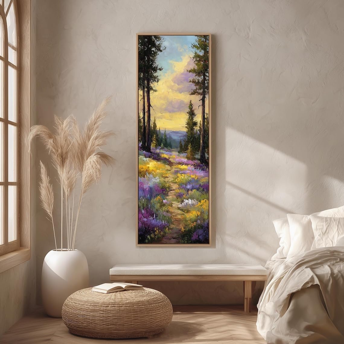 XBTYKPB Framed Tall Narrow Path Canvas, Long Vertical Wildflower, Skinny Mountain Landscape, Colorful Nature Decor, Hiking Print(30x90cm/Frameless)