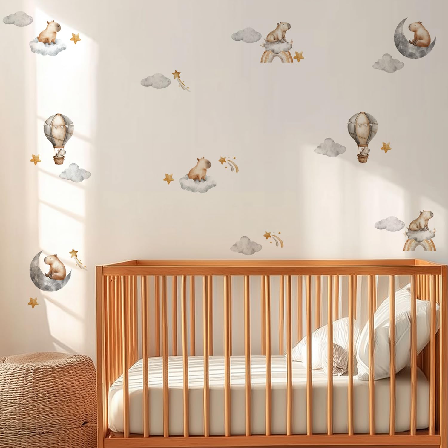 Alwayspon 38 Decals Cute Capybara Grey Moon Star Cloud Hot Air Balloon Art Wall Decals - Image 4