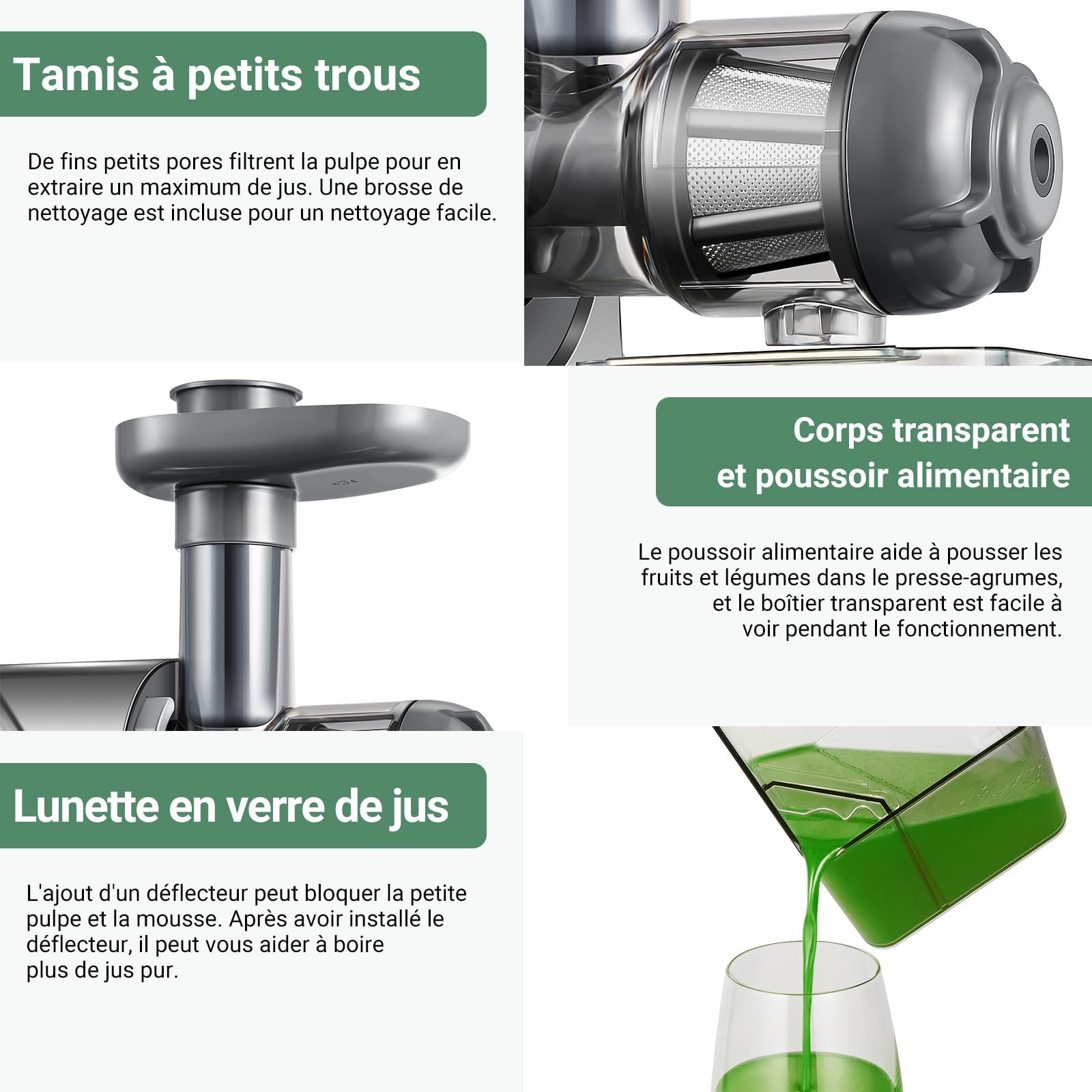 Aobosi Extracteur de Jus Sans BPA, Moteur Silencieux, Fonction Reverse, Rendement Élevé, Gris