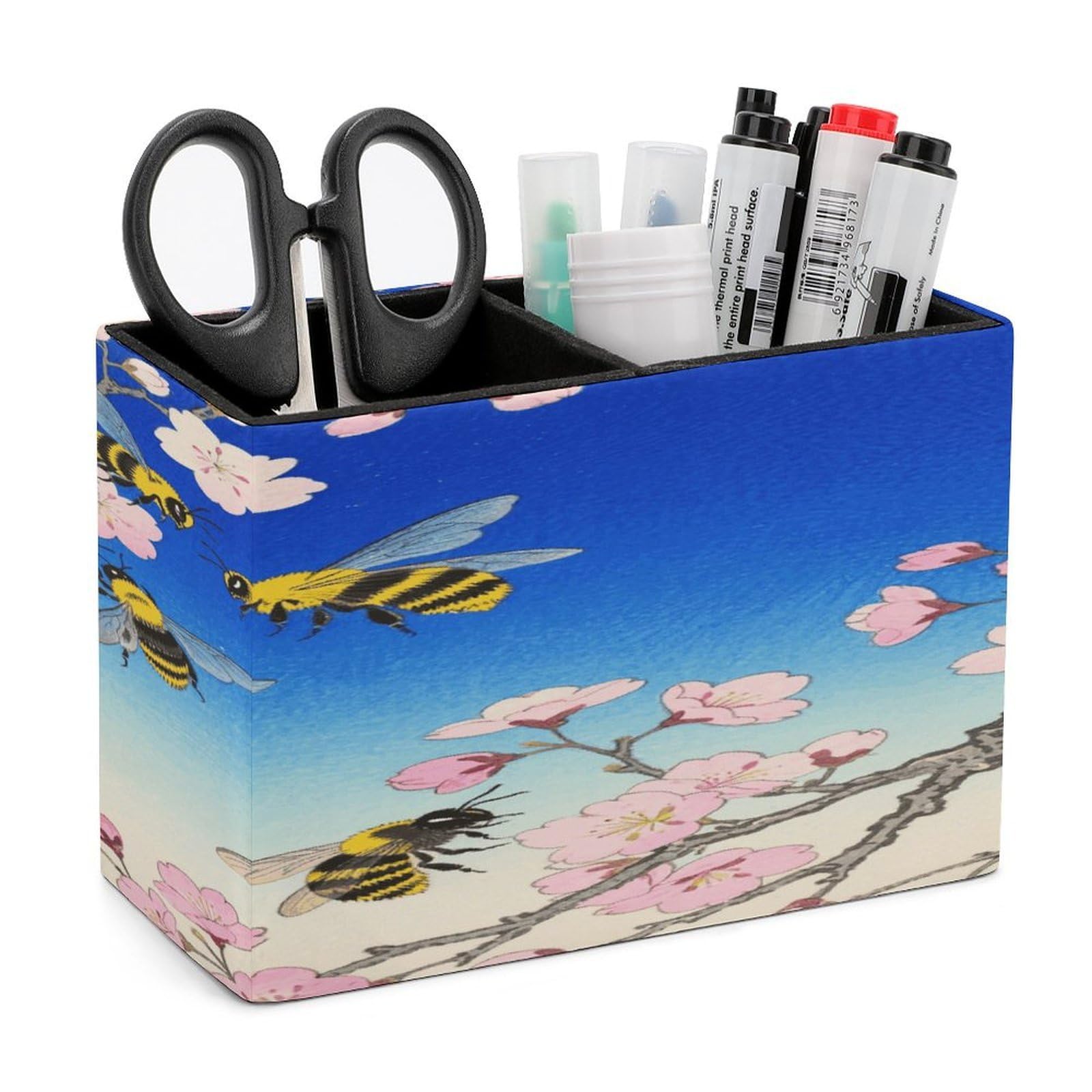 VstaDank Bumble Bees Print Pen Holder Double Compartments Pen Cup Fashion Makeup Brush Holders Leather Pencil Holder for Work Locker Accessories Modern Pencil Cup for Desk Organizer