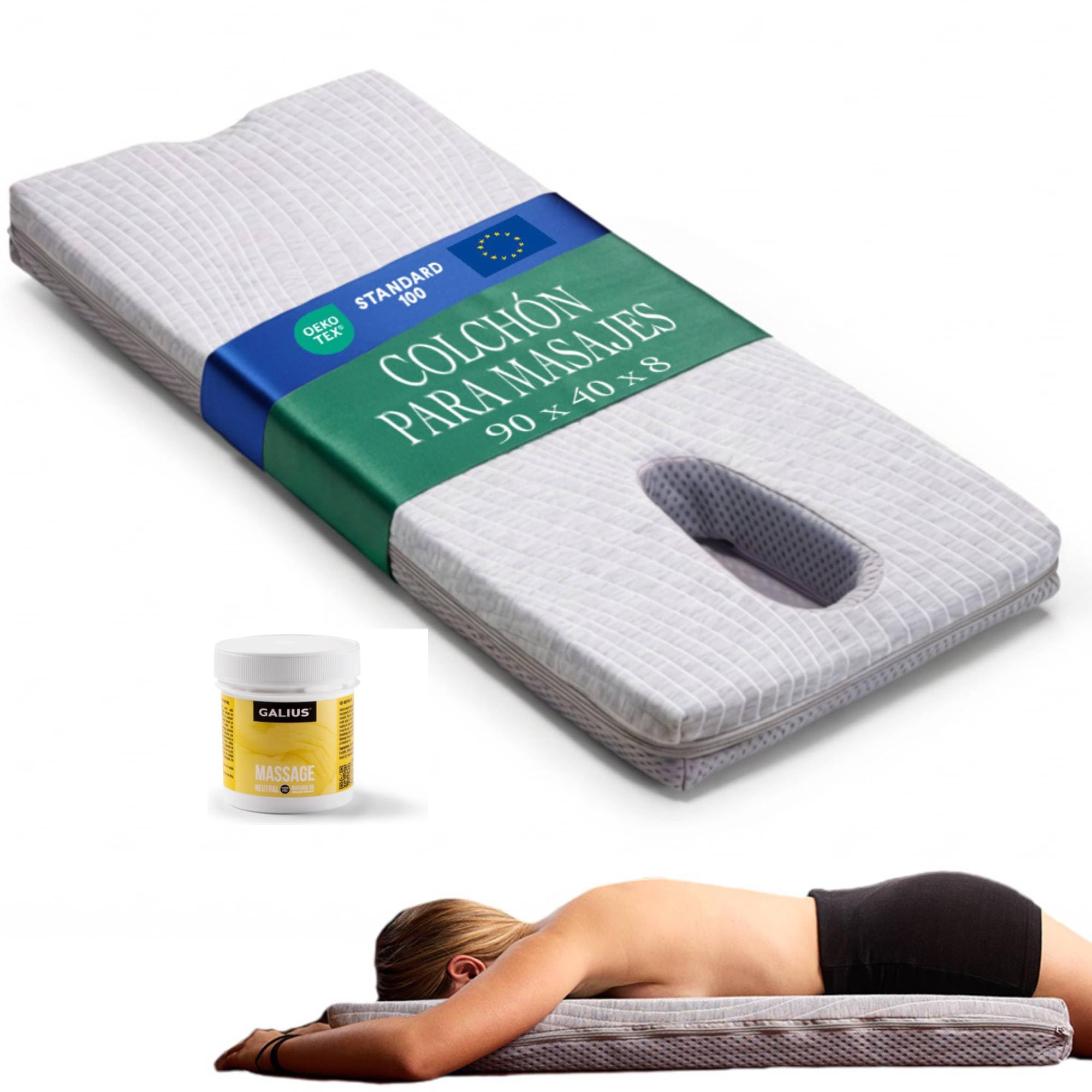 Colchón de Masaje Cervical, Espalda y Lumbar con Hueco Facial ergonómico – Respira Boca Abajo – Espuma Firme, Funda Lavable – Incluye Aceite Masaje 100 ml