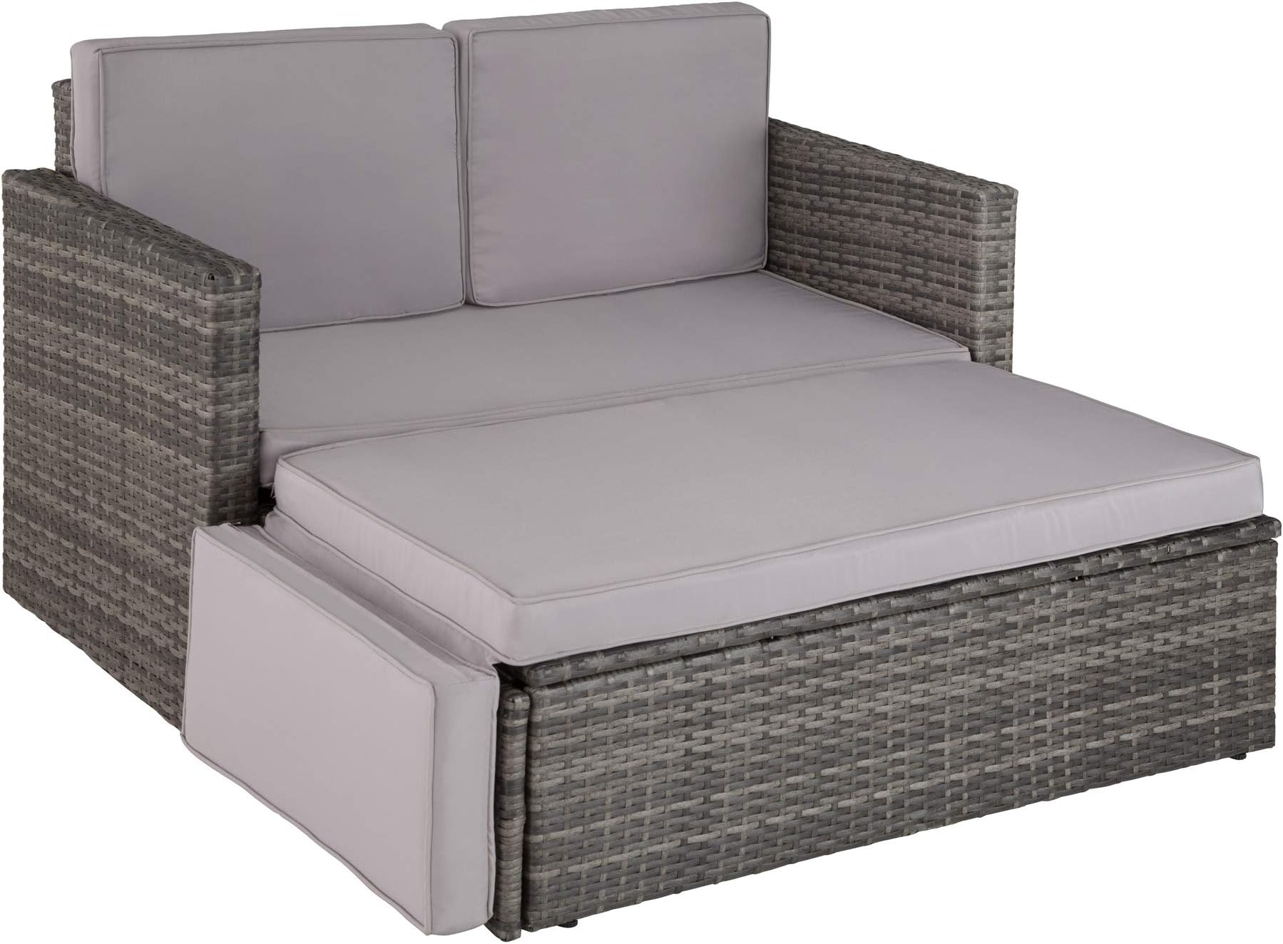 TecTake 800693 Rattan Lounge Sofa, 2-Seater Outdoor with Stool, Garden Furniture Set, with Thick Cushions (Grey | No. 403125)