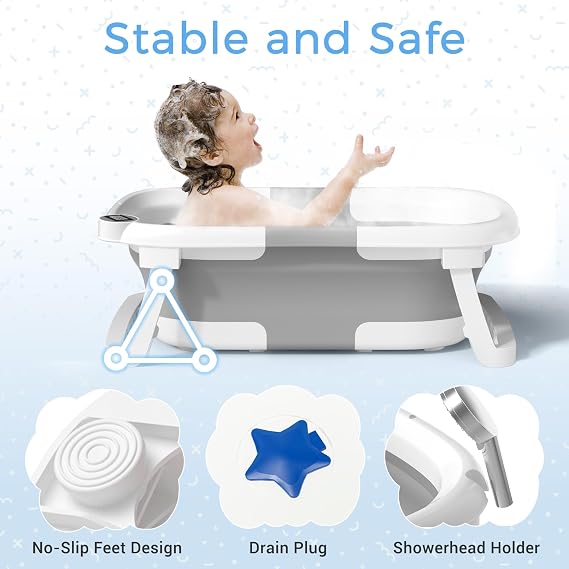 BUNWAG Classic Baby Bathtub, Infant Bath Tub for Newborn to Toddler (012 Months),Collapsible Newborn Bathtub with Soft Cushion and Non-Slip Feet, Foldable Travel Bathtub for Easy Storage