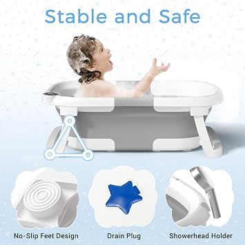 BUNWAG Classic Baby Bathtub, Infant Bath Tub for Newborn to Toddler (012 Months),Collapsible Newborn Bathtub with Soft Cushion and Non-Slip Feet, Foldable Travel Bathtub for Easy Storage