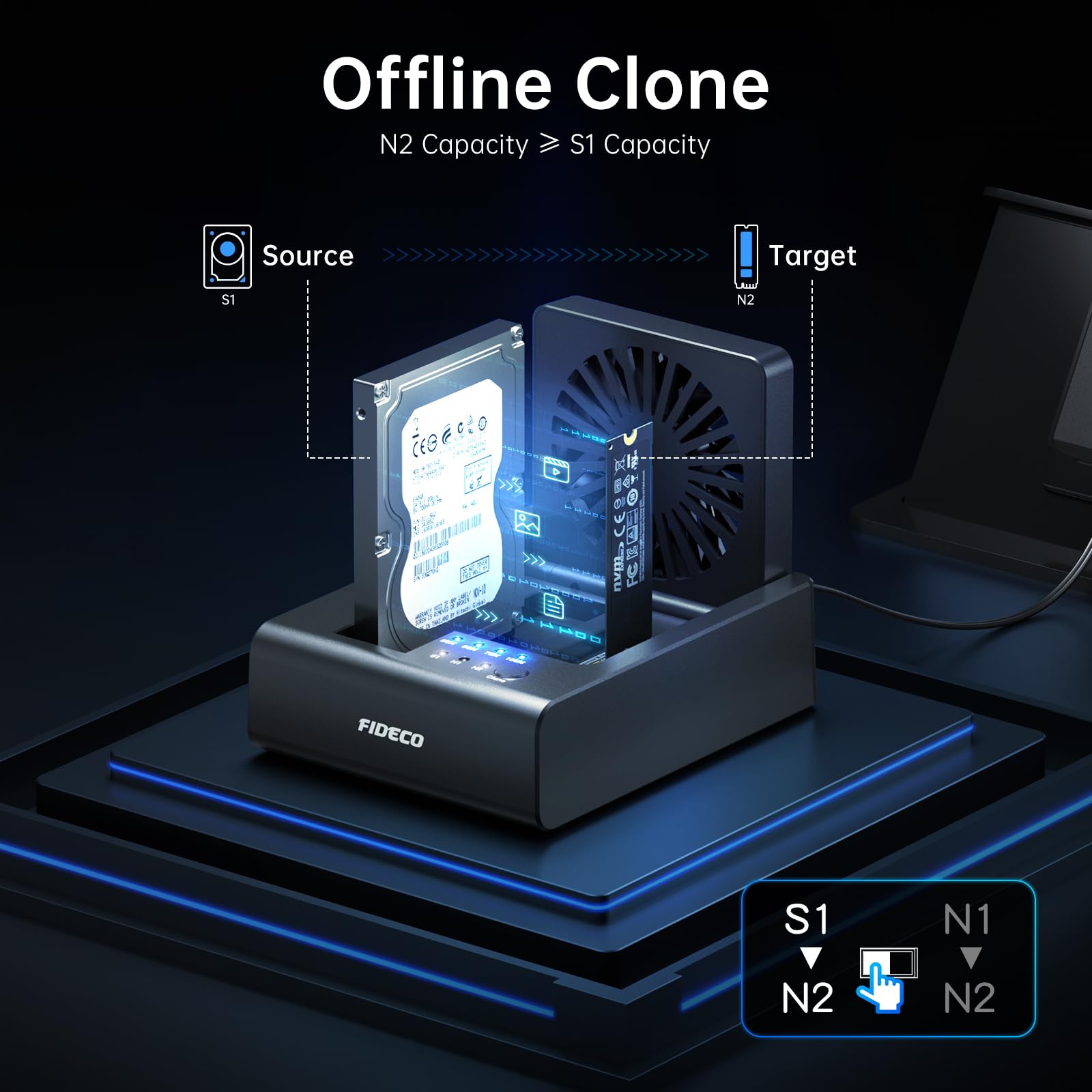 FIDECO HDD/M.2 NVMe SSD Cloner Docking Station, USB 3.2 Gen 2 (10 Gbit/s), 3-Bay Festplatten-Cloner-Dock für M.2 NVMe SSD und 2,5"/3,5" SATA HDD, mit klappbarem Lüfter