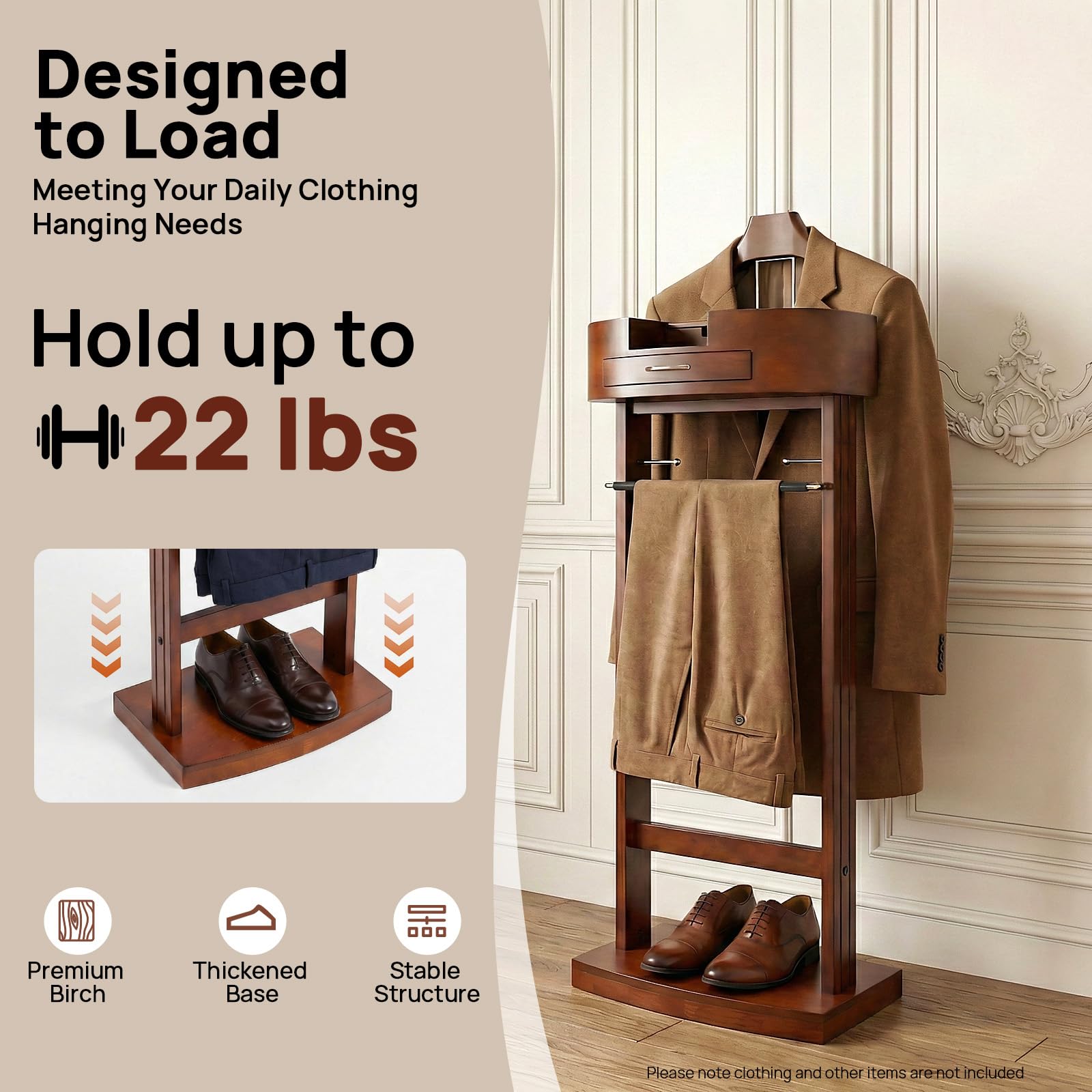 Valet de chambre à coucher en bois avec étagère et compartiment pour téléphone portable, porte-vêtements avec cintre à pantalon et étagère à chaussures, peu encombrant avec poignée, chambre à