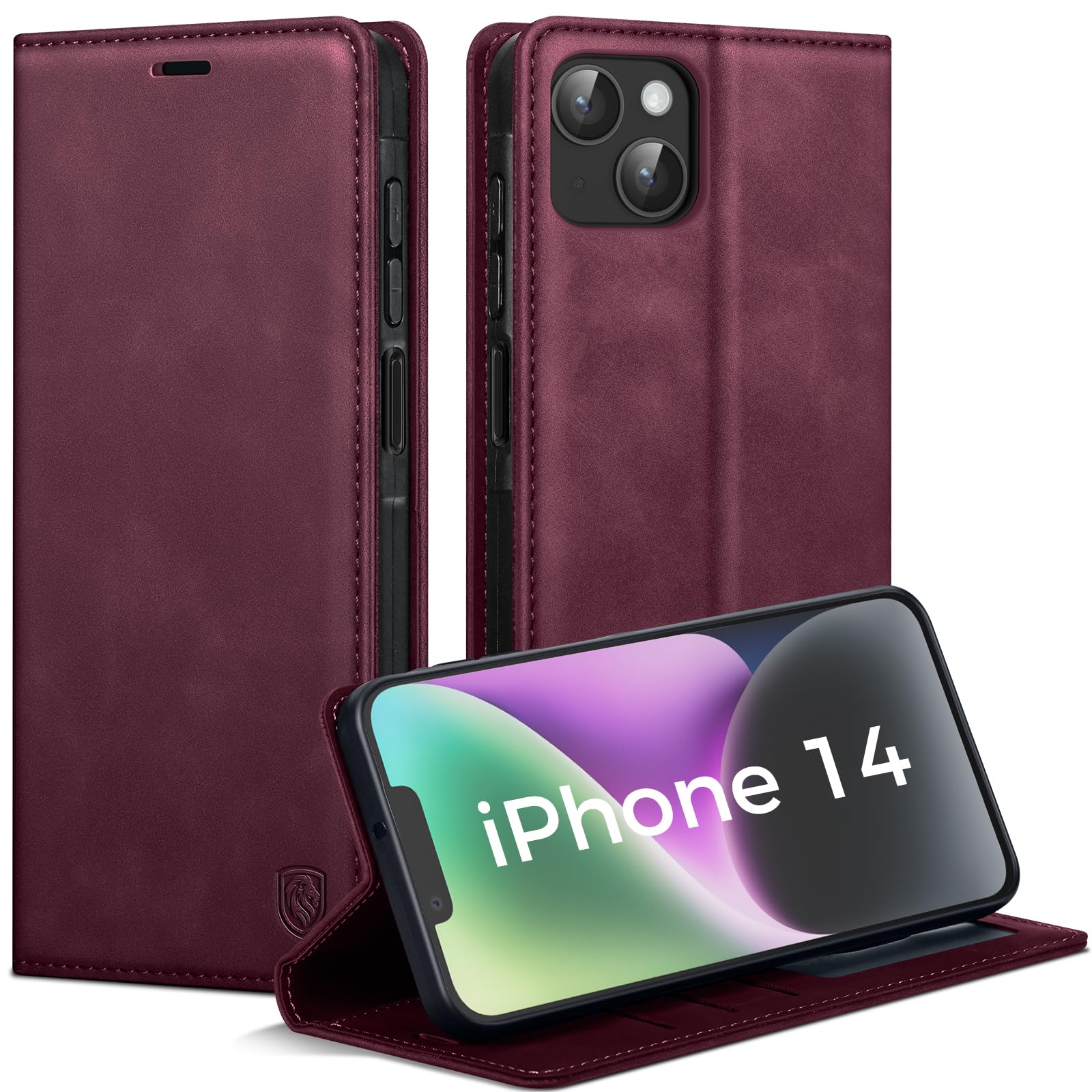 AIMOYU Handyhülle für iPhone 14 Hülle, Premium PU Leder Flip Case [RFID Blockierung] Magnet Tascher Kartenfach Standfunktion Schutzhülle für iPhone 14 Klapphülle, Weinrot