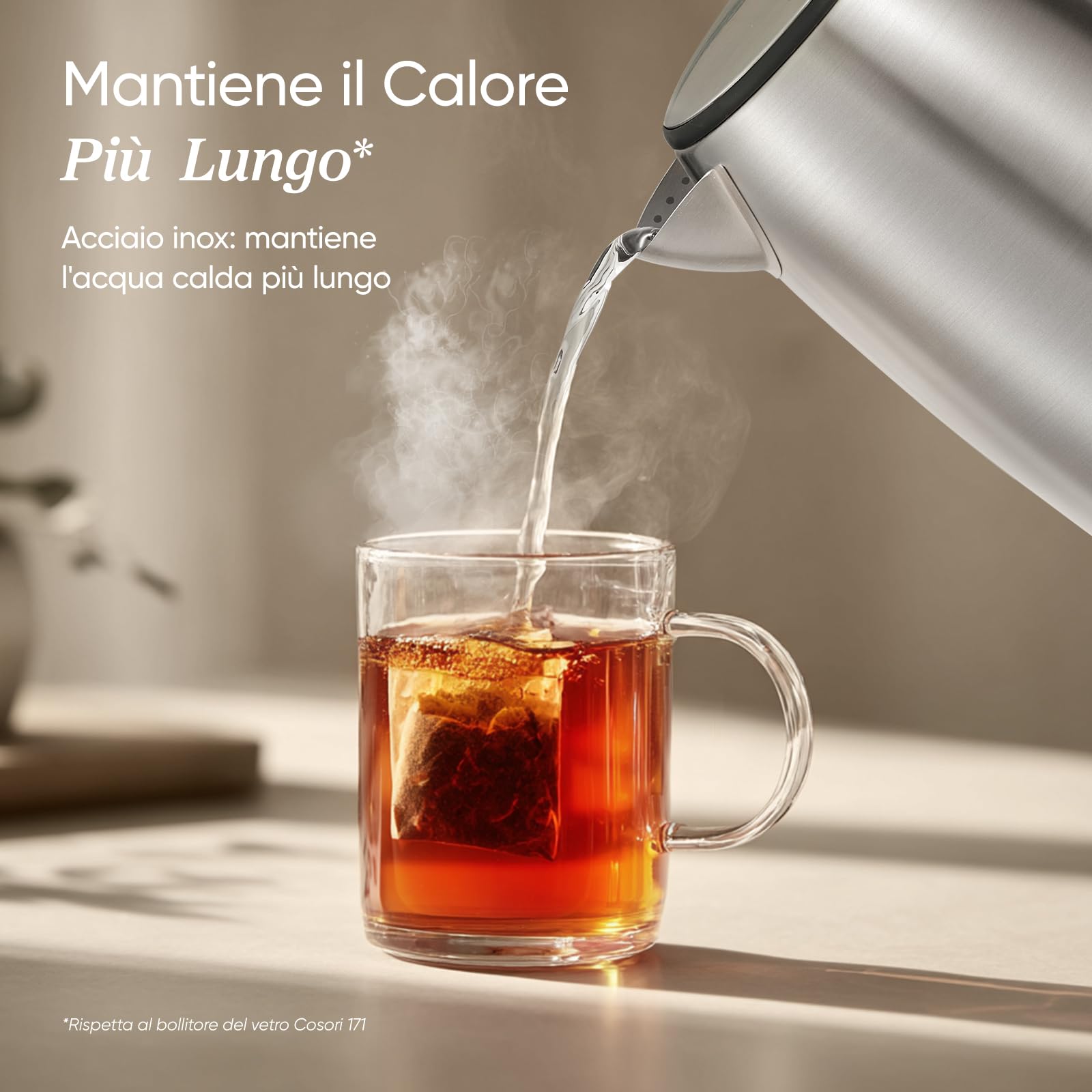 COSORI Bollitore Elettrico in Acciaio Inox 1,7 Litri, Contatto con l'Acqua Senza Plastica, 2200 W, Tecnologia del Strix, Base Girevole a 360°, Argento-Nero