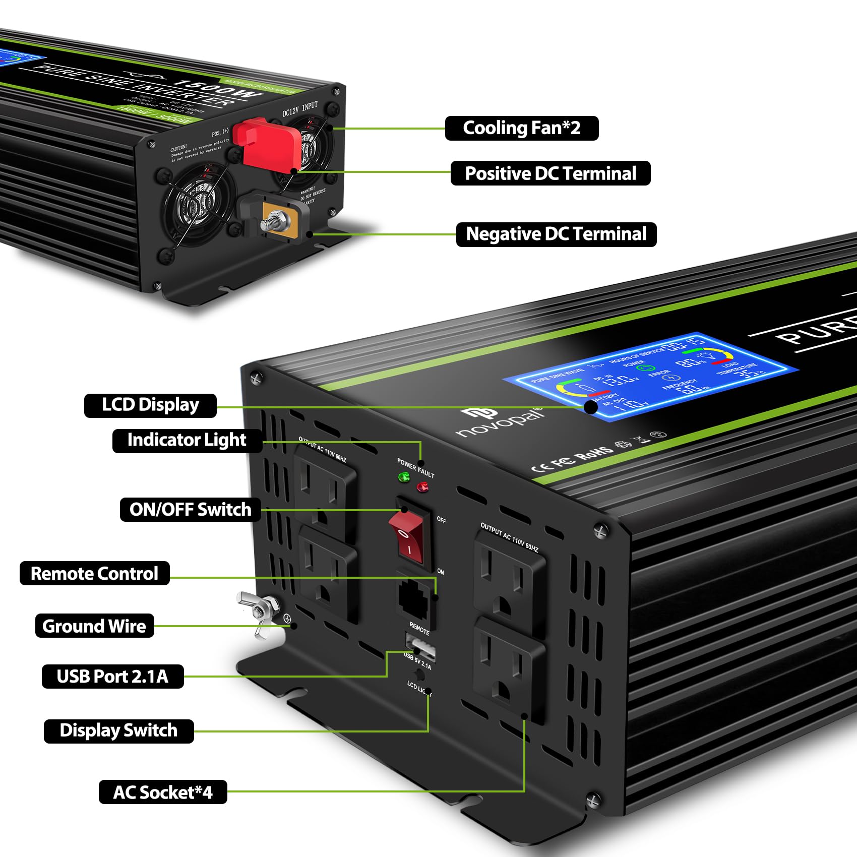 Snapklik.com : Novopal 1500 Watt Pure Sine Wave Power Inverter DC 12V ...