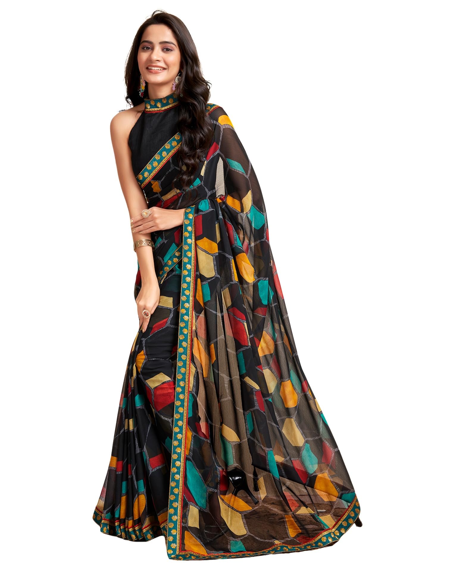 SIRILWomen's Lace & Printed Chiffon Saree with Blouse