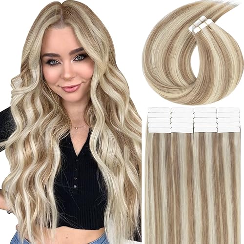 Vista 25 de Lacer Extensiones de cabello humano Remi Remy con cinta adhesiva en trama de piel, sin costuras, 60A, rubio ceniza platino, 100% real, Remi Remi