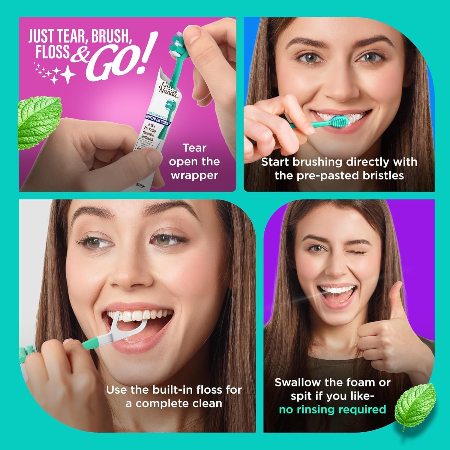 GuruNanda Mini Disposable Toothbrushes with Toothpaste, Tongue Scraper, Floss & Toothpick - 6-in-1 Ready-to-Go Prepasted Travel Toothbrush - Fluoride Free, No Rinsing, Individually Wrapped, 60 Ct