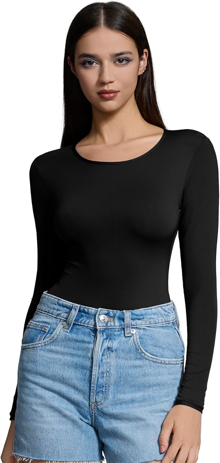 Women’s Crew Neck Long Sleeve Bodysuits - Double lined Body Suit T Shirts Basic | Top Fall Winter Outfit - Image 8