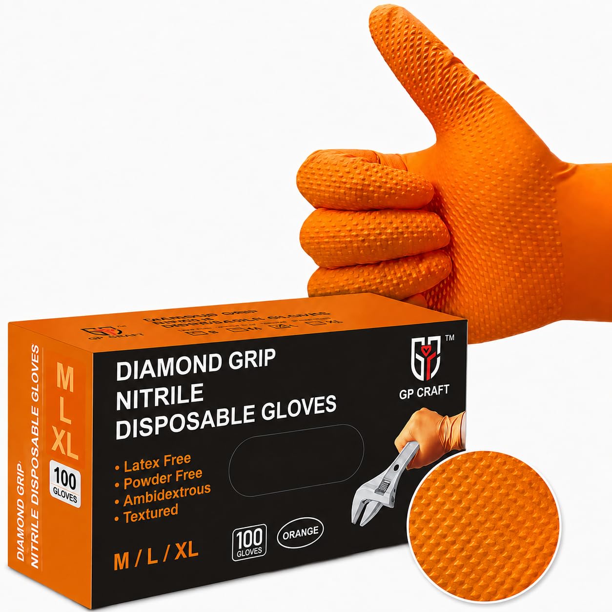 GP-68 Orange Nitrilhandschuhe, 8 mm, strapazierfähig, latexfrei, puderfrei, Einweg mit Diamantgriff, 100 Stück, L