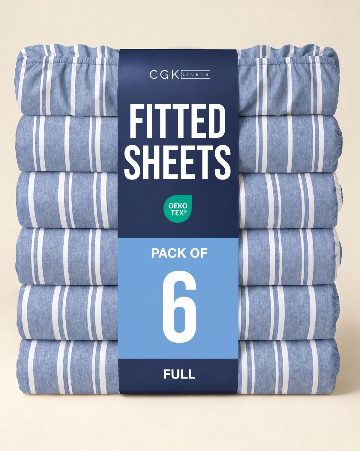 Full Fitted Sheet - Pack of 6 Single Fitted Bottom Sheet - Blue Stripes