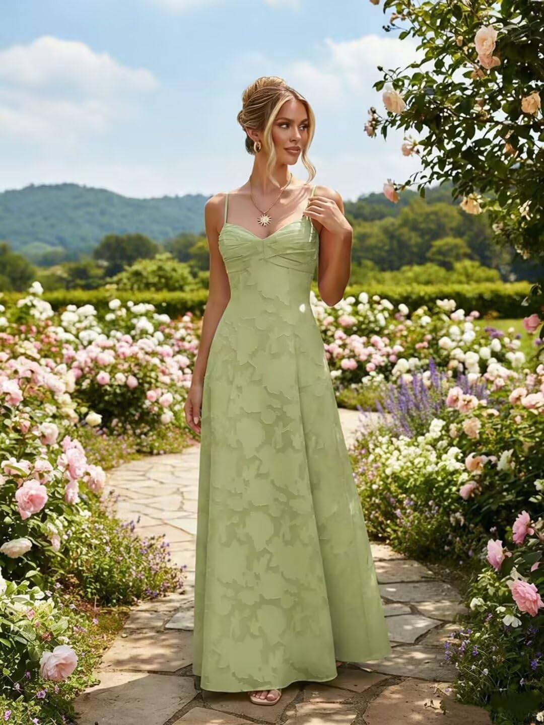 Floral Bridesmaid Dresses for Women Spaghetti Strap Jacquard Long Formal Evening Wedding Party Gown Dress