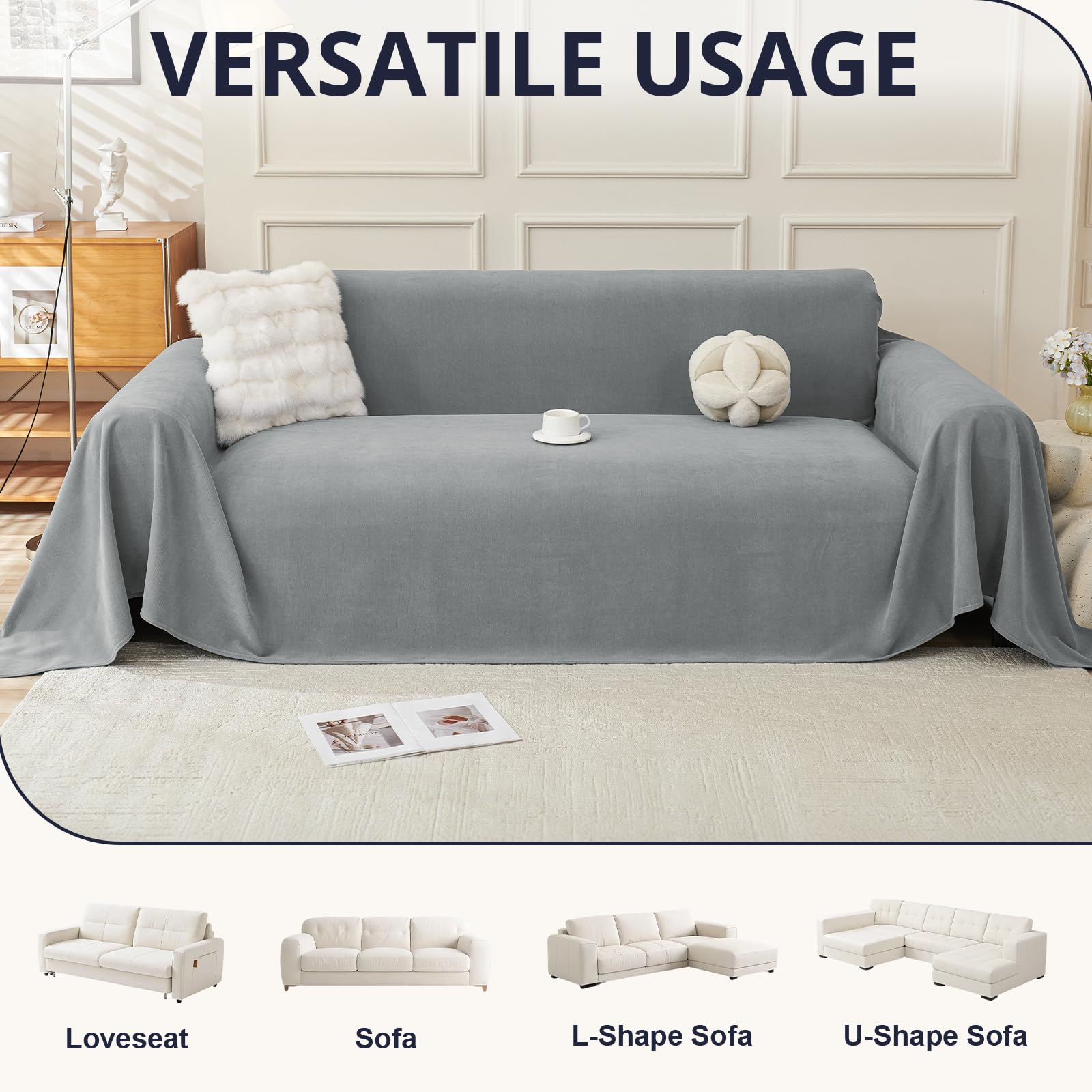 Royhom Sofa Überzug, Chenille Couch Überzug Ecksofa, Sofabezug L Form, Sofa Schutzdecke, Sofahusse mit Armlehne, Sofaüberwurf Decke Weich und Bequem, Grau, 340x180 cm