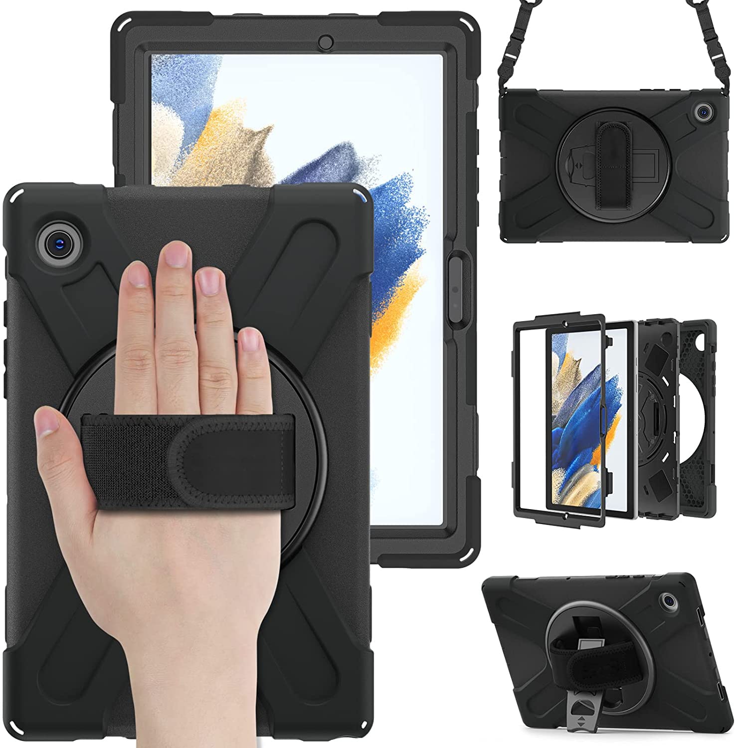 DreamerX Samsung Galaxy Tab A8 Case 10.5'' 2022, Heavy Duty Shockproof Rugged Drop Resistant with S Pen Holder 360 Degree Rotating Stand Handle Hand Strap Shoulder Belt for SM-X200/X205/X207, Black