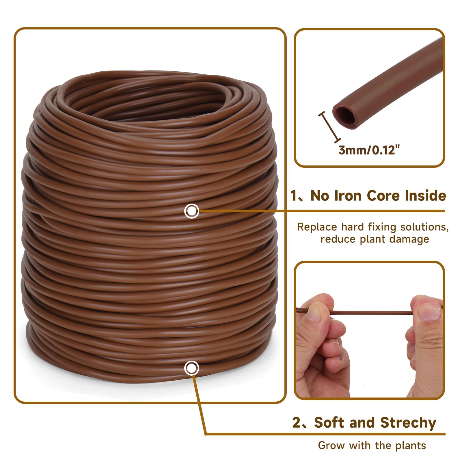KINGLAKE Lien Souple Tube Creux pour Attacher Plantes, 3mmX100m Cordon Creux, Tuyau Creux en Caoutchouc pour Tomates, Roses, Fleurs- Brun