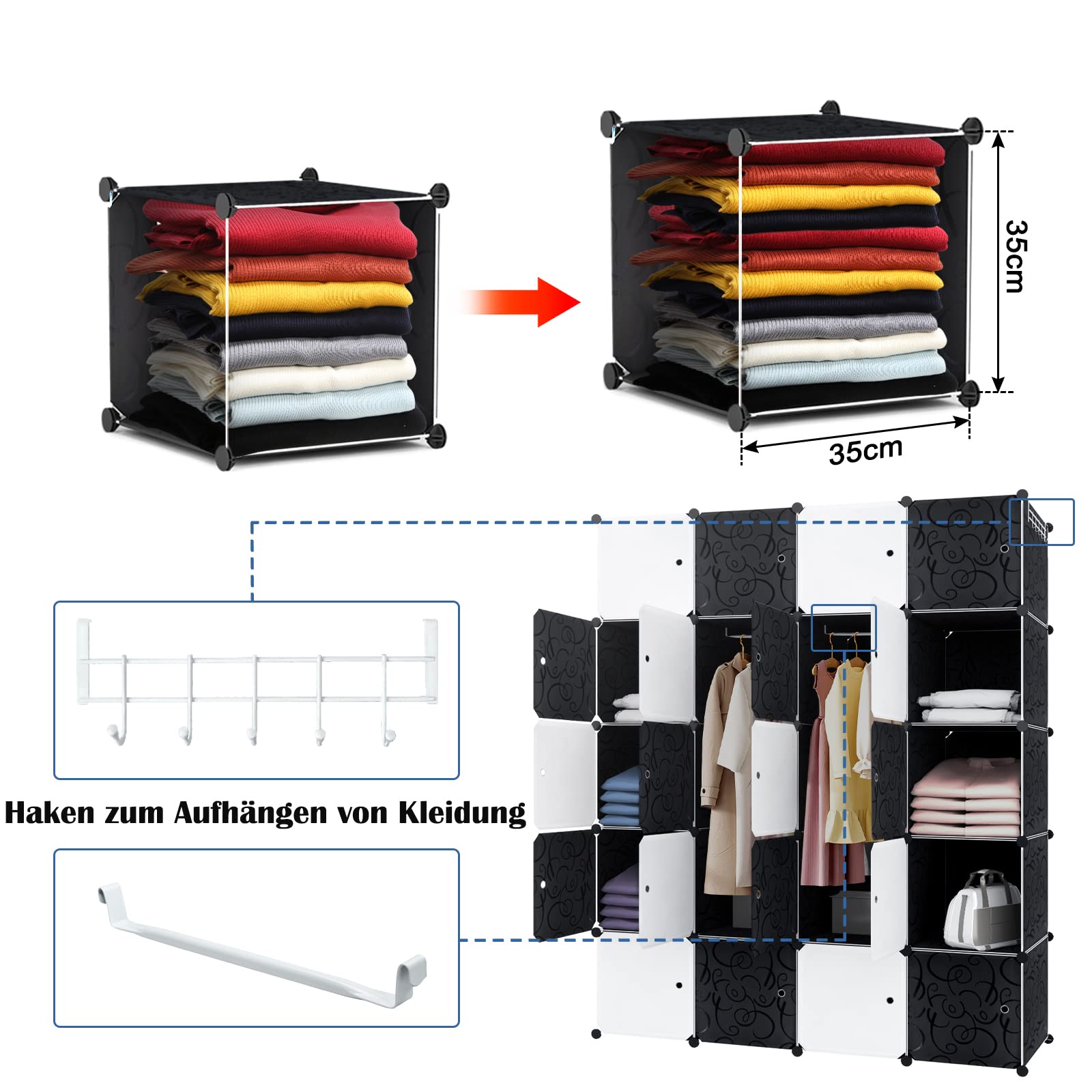HENGMEI Armario Armario sistema de estanterías con puertas de plástico PP para guardar ropa, libros, bricolaje montaje (20 cajas con puerta, con 2 barras negras)