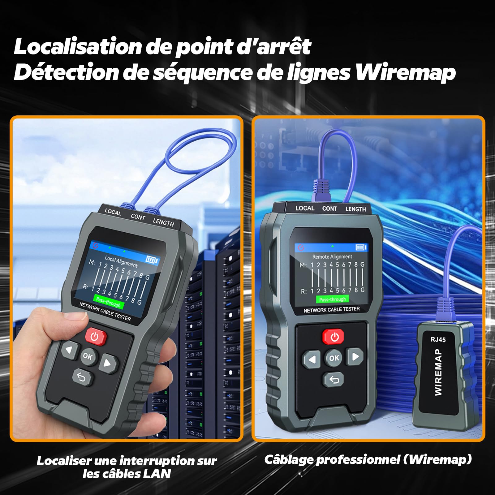 Netzwerkkabeltester 350m Reichweite, 60V Schutz, RJ45 für UTP/STP. Prüft Durchgang, Kurzschluss, Kreuzung. Wiederaufladbar mit Beleuchtung 8128 (Grey)