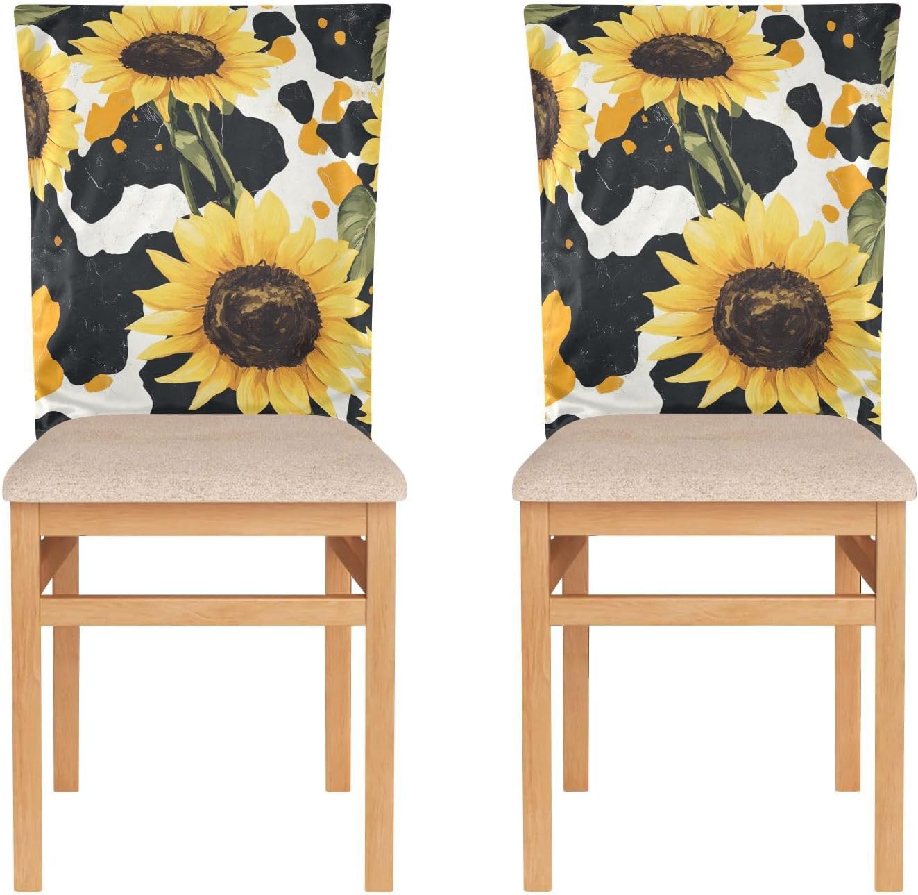 ALAZA Sunflowers Cow Spots Chair Back Cover Set of 6, Washable Reusable Removable Chair Slipcovers Decorative Chair Cover for Home Kitchen Wedding Party