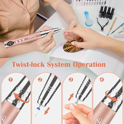 Miniatura 5 de Enniewi Taladro de uñas inalámbrico de 35000 RPM, juego de manicura y pedicura, lima de uñas eléctricas de gel acrílico profesional, 6 brocas de