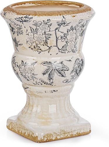 Sungmor Small Ceramic Urn Planter - Grey Floral Pedestal Flower Pot | Decorative Vintage Chinoiserie Style Planters, Tuscan Accent Vase Indoor Outdoor Plant Holder with Drainage