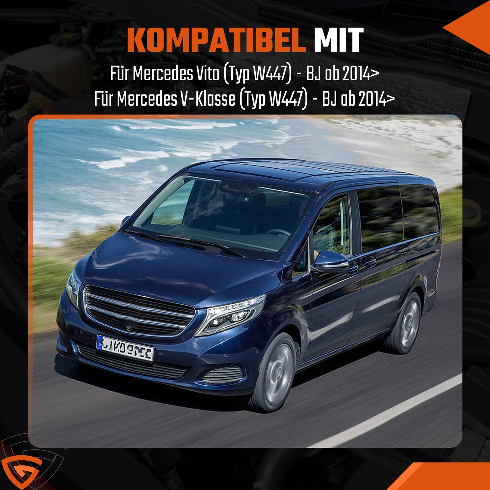 GEARMONSTER Protector de parachoques de acero inoxidable compatible con Vito y Clase V W447 a partir de 2014, brillante | Protección antiarañazos, acero inoxidable pulido, cinta adhesiva de doble cara preinstalada, fácil montaje