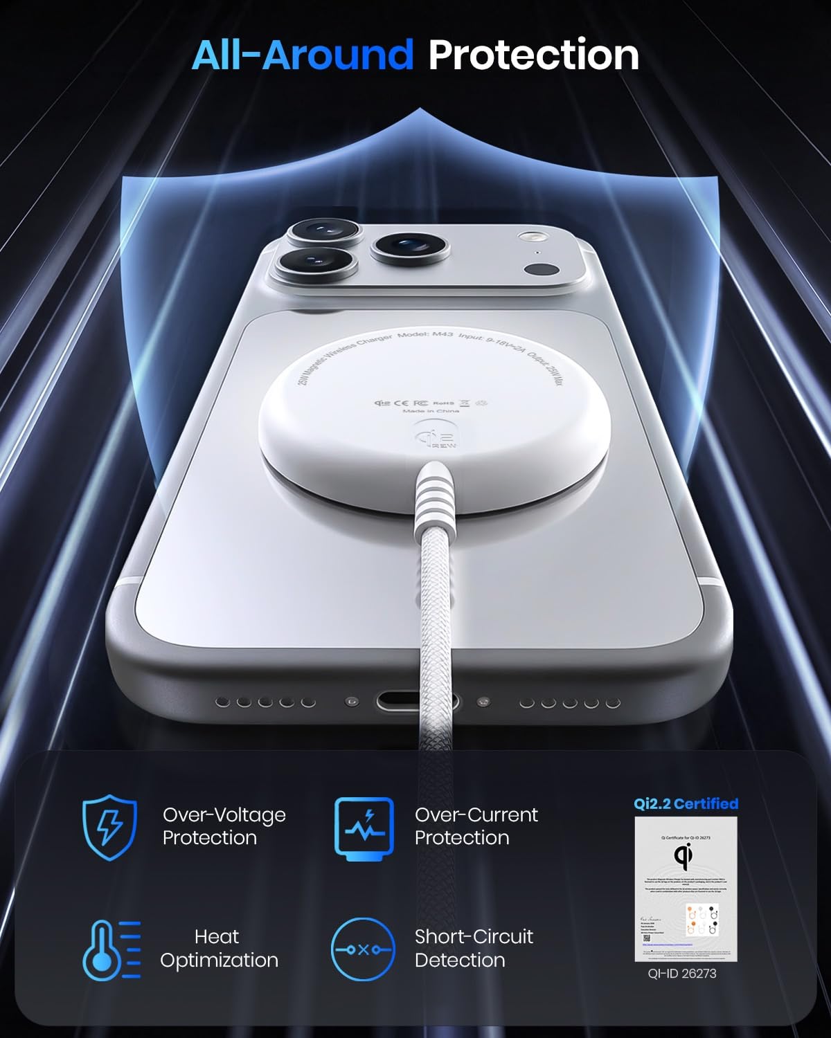 Magnetic Wireless Charger, 25W 5ft Qi2 Fast Charging Pad Compatible With MagSafe for iPhone Air/17e/17/16/15/14/13/12, AirPods 4/3/2/Pro, Pixel 10 Series & More(No Adapter)-White — view 5
