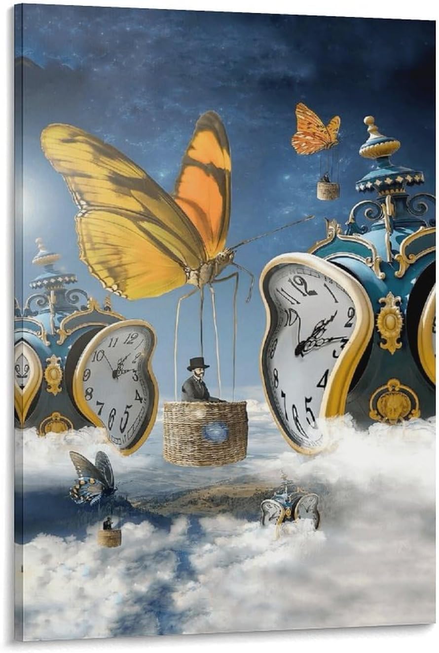 Salvador Dali Oil Painting Poster Butterfly Clock Wall Art Canvas Print Poster Home Bathroom Bedroom Office Living Room Decor Canvas Poster Frame-style16x24inch(40x60cm)