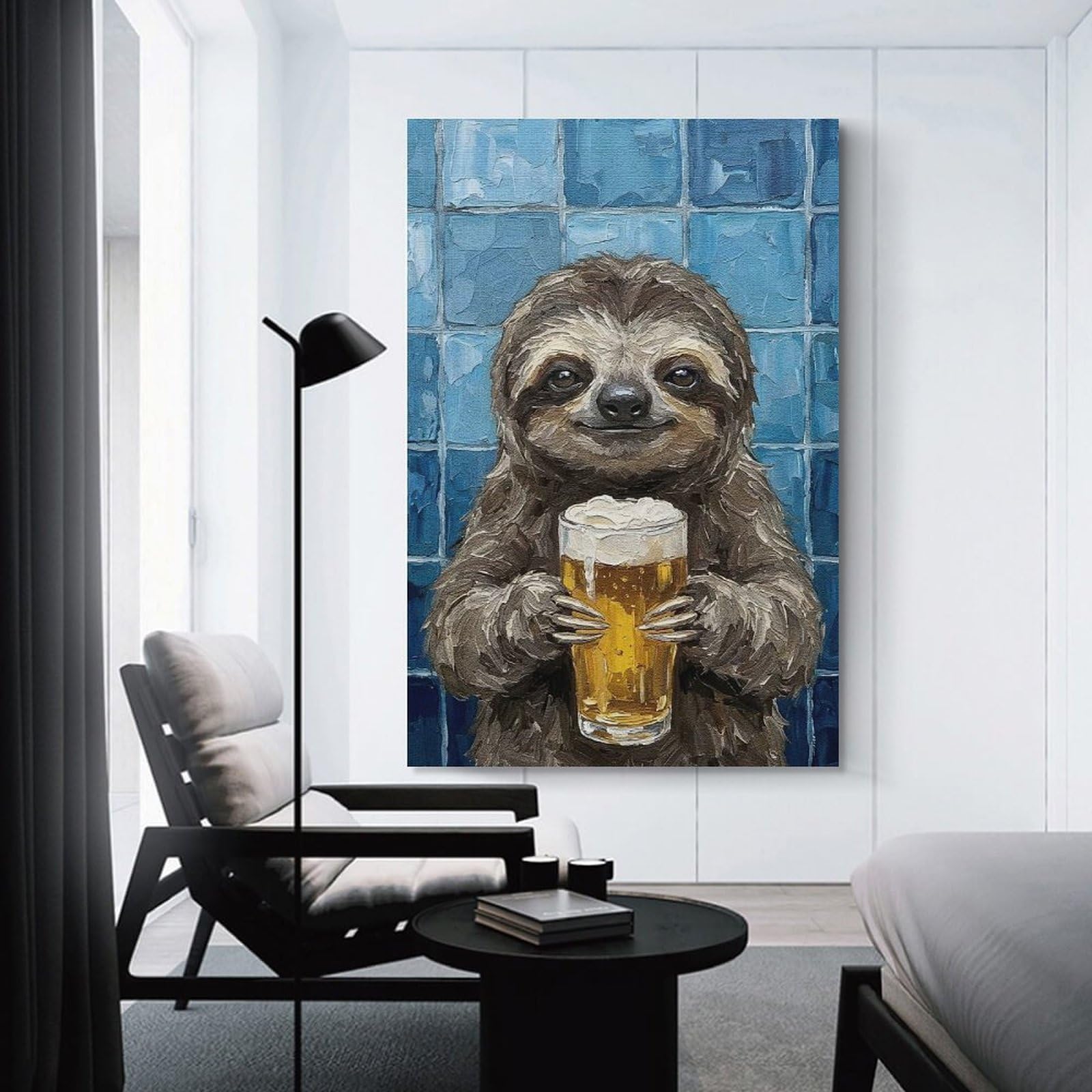 Junmoney Unframe-Style Sloth With Beer Painting Room Decor Wall Art, 12X18inch(30X45cm), For Living Room, Bedroom, Office Or Hallway, Decorative Artwork With Broad Appeal