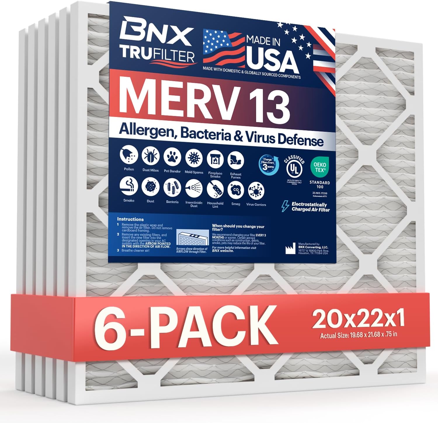 Bnx Trufilter 20x22x1 Air Filter Merv 13 6 Pack Made In 