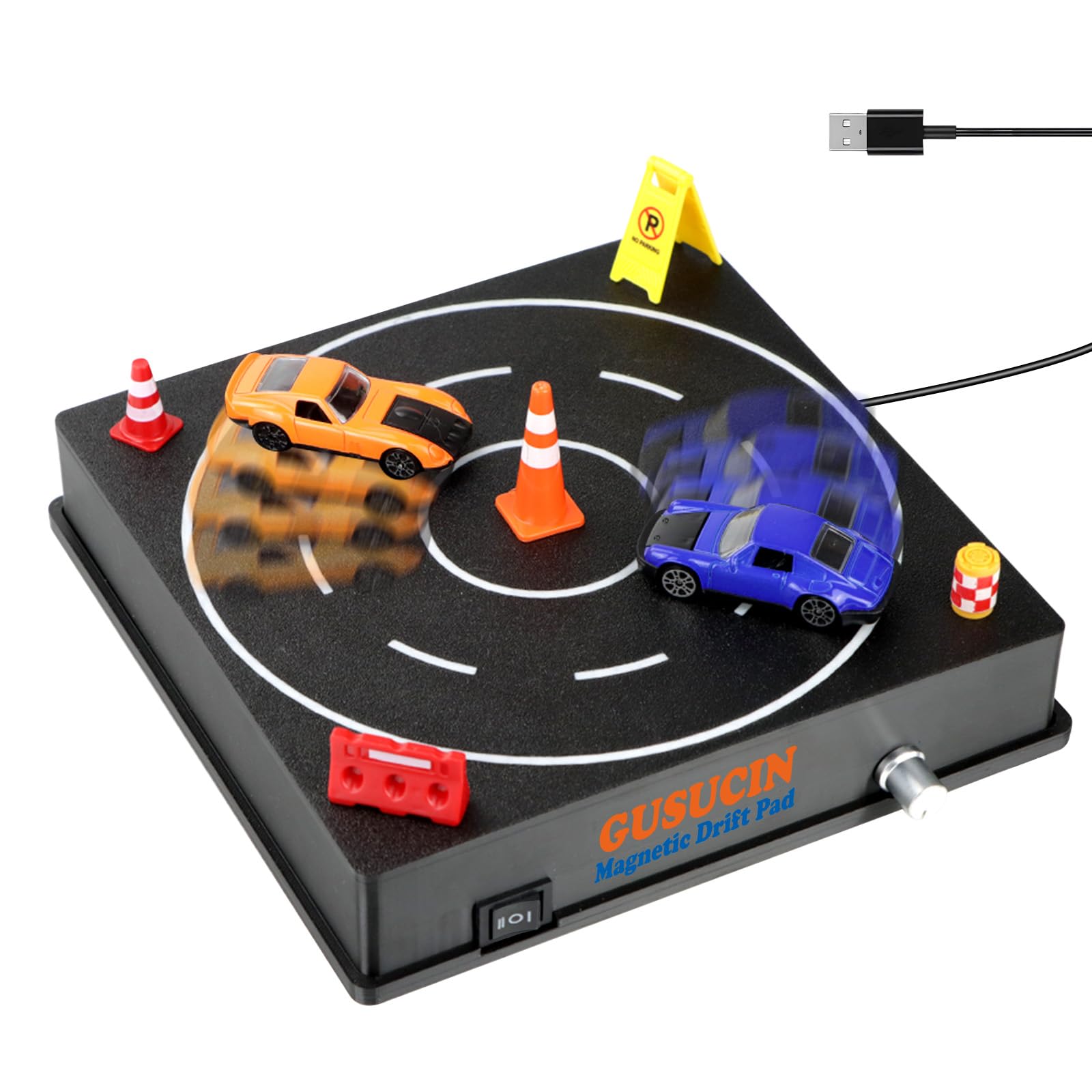 Magnetic Drift Pad for Hot Wheels Cars 1:64 – Spinning Drift Track with Adjustable Speed & Direction, USB Powered Drift Pad with 5 Decorations, Display Stand for All 1:64 Scale Diecast Cars (Black)