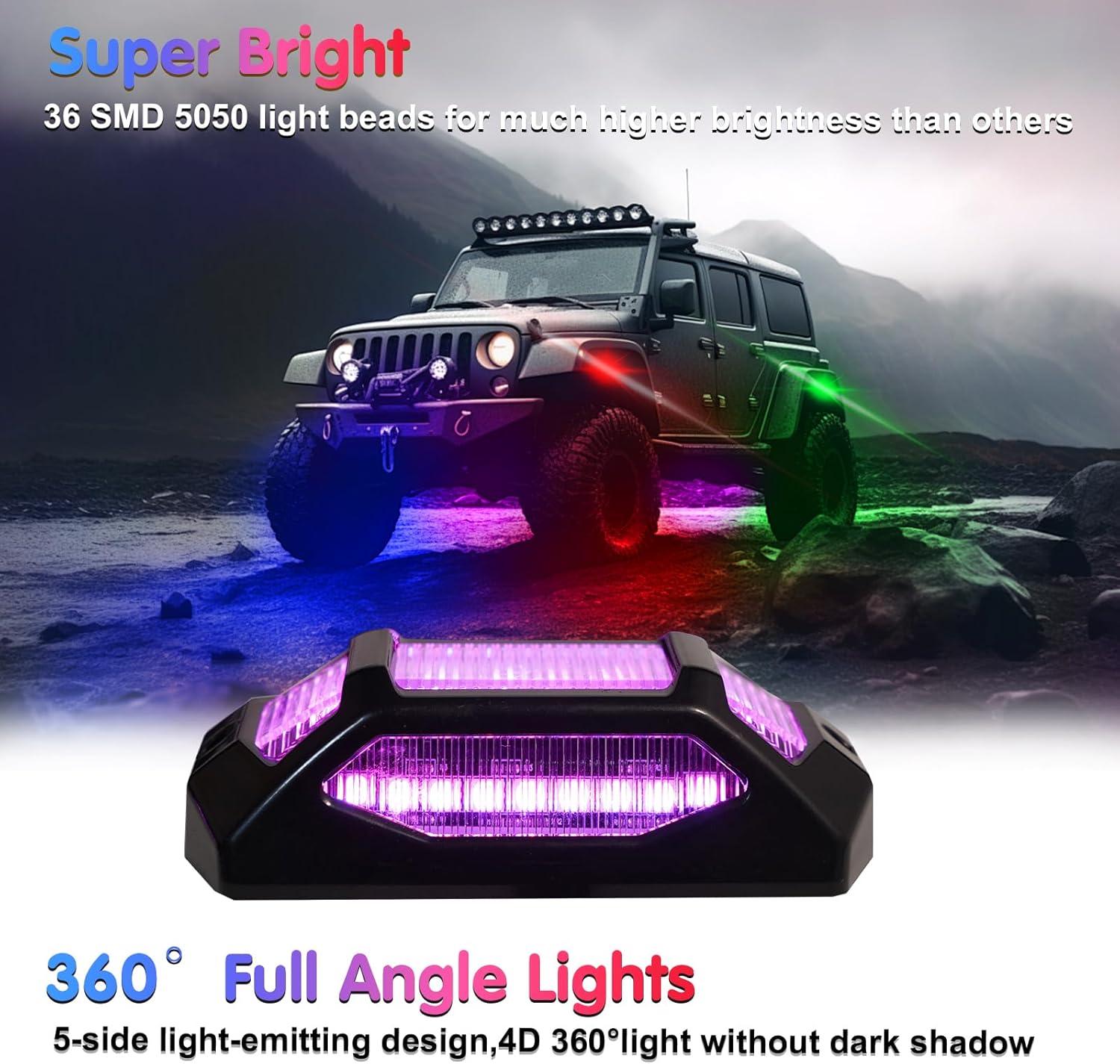 YONGMING 8Pods Full Angle RGB Rock Lights for Trucks UTV ATV SUV Boat Golf Cart,APP Control Wheel Footwell Underglow Neno Accent Light Kits Waterproof Multi-Color Exterior Led Rocklights for Cars