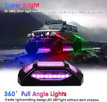YONGMING 8Pods Full Angle RGB Rock Lights for Trucks UTV ATV SUV Boat Golf Cart,APP Control Wheel Footwell Underglow Neno Accent Light Kits Waterproof Multi-Color Exterior Led Rocklights for Cars