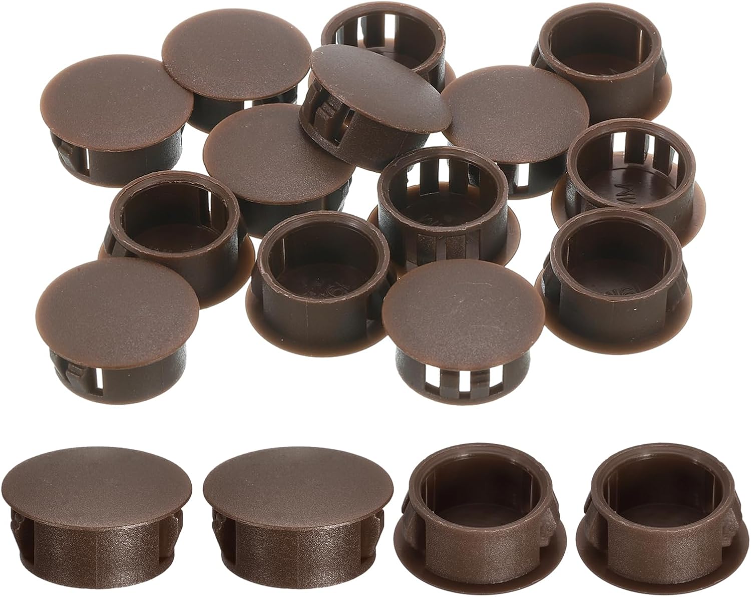 uxcell 28Pcs 19mm(3/4") Nylon Hole Plugs, Flush Type Panel Round Snap in Fastener Knockout Locking Plugs for Furniture Insert End Caps Panels, Brown