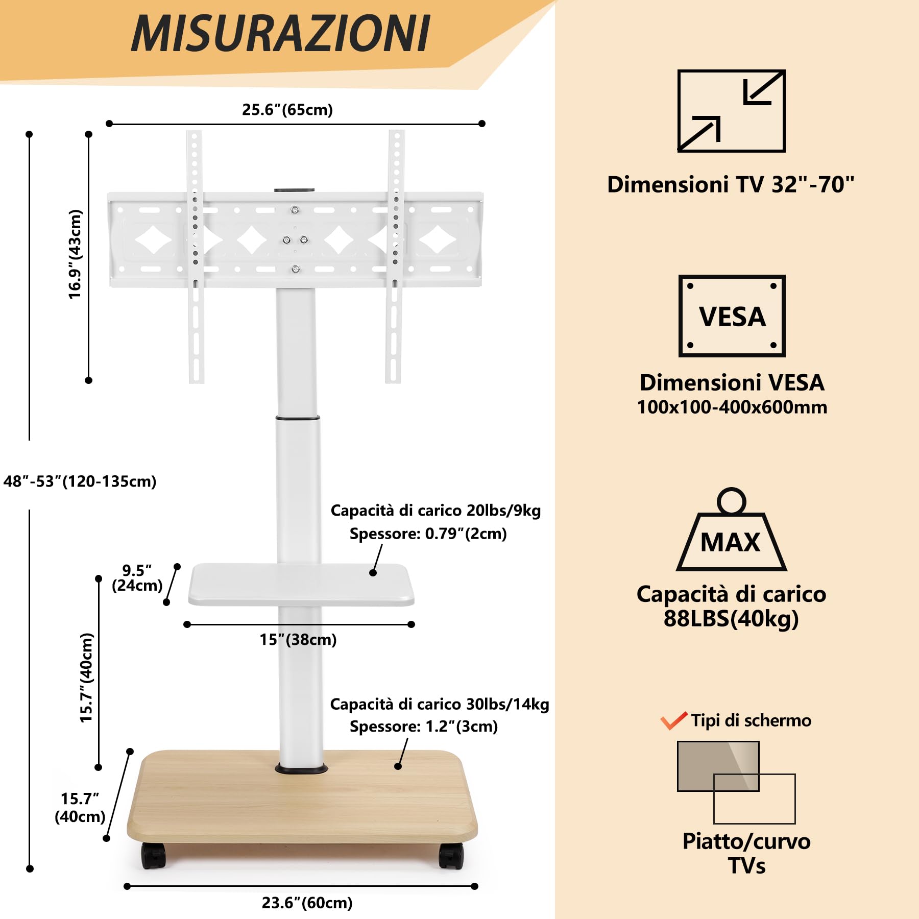 Supporto per TV con ruote bloccabili e ripiano per laptop, per schermi LED LCD OLED da 32-70 pollici, fino a 45,4 kg, altezza regolabile