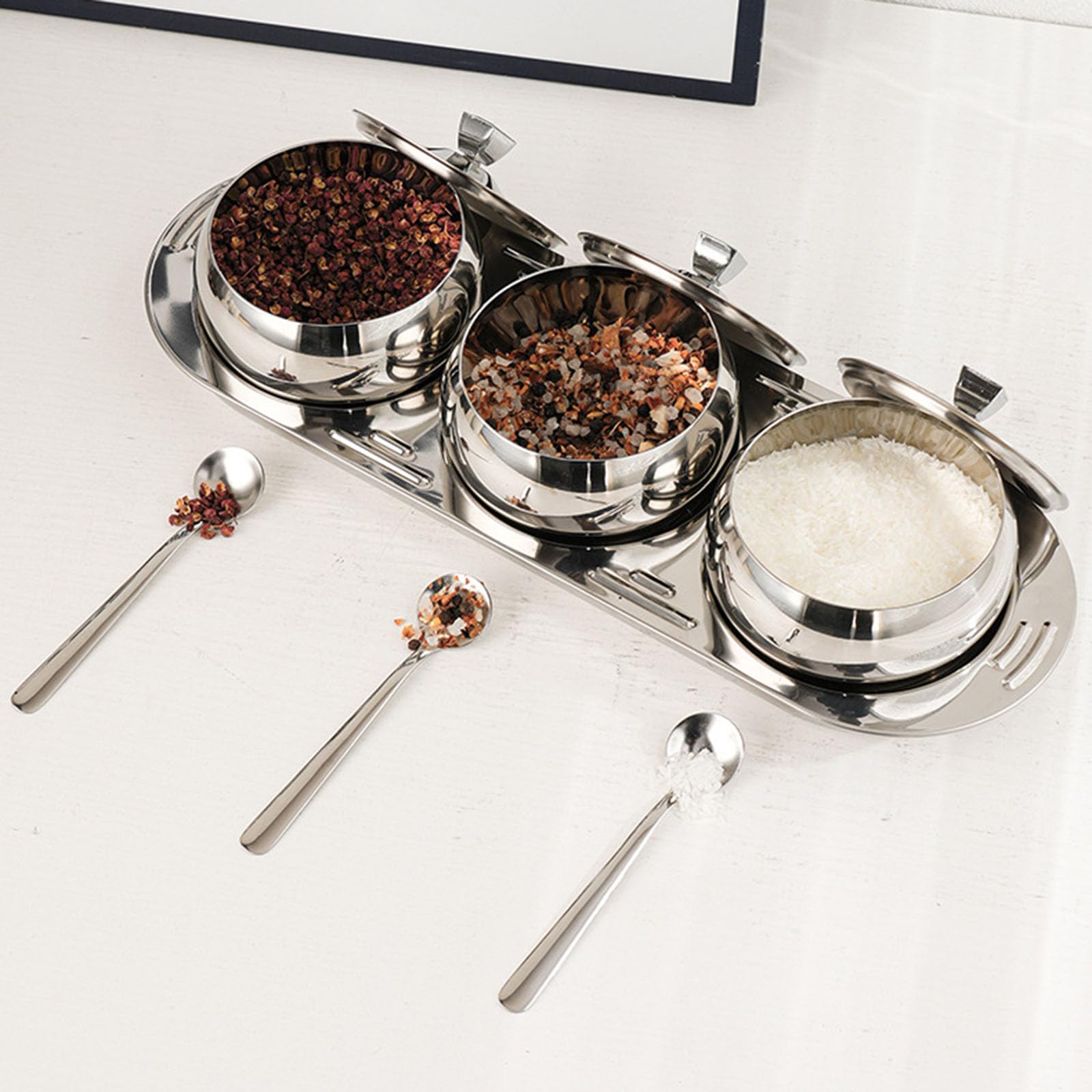 304 Edelstahl Gewürze Glas Set Mit Deckellöffel Tablett Gewürzgläser Gewürze Aufbewahrungsdose Für Küchen Und Außenkochen
