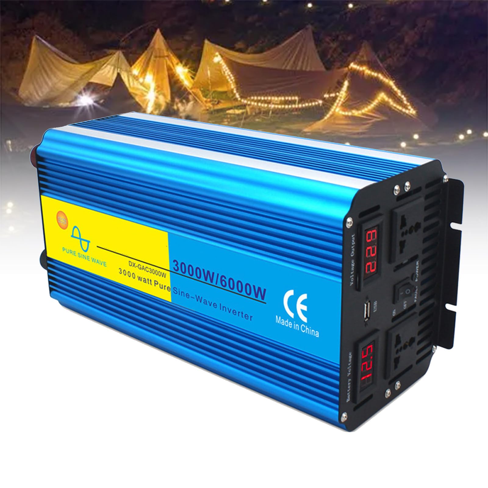 Falownik sinusoidalny o mocy ciągłej 3000 W/szczytowej 6000 W, podwójne gniazdo, ekran LCD, obudowa ze stopu aluminium