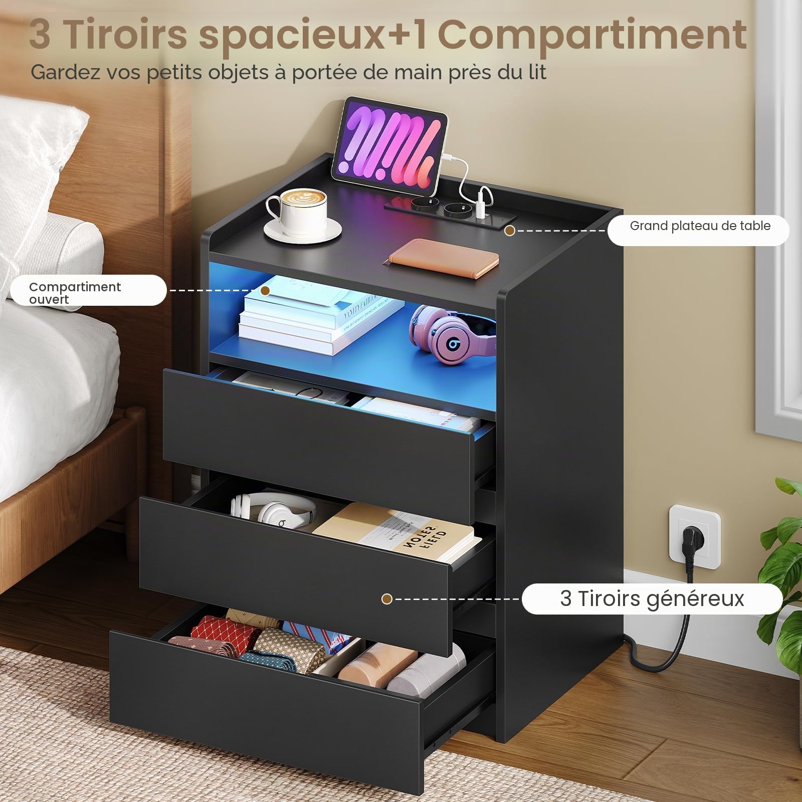 AOGLLATI Table de Chevet avec 2 Rubans LED et Multiprise,3 Tiroirs et 1 Compartiment Ouvert, pour Salon et Chambre, Table de Nuit Noire