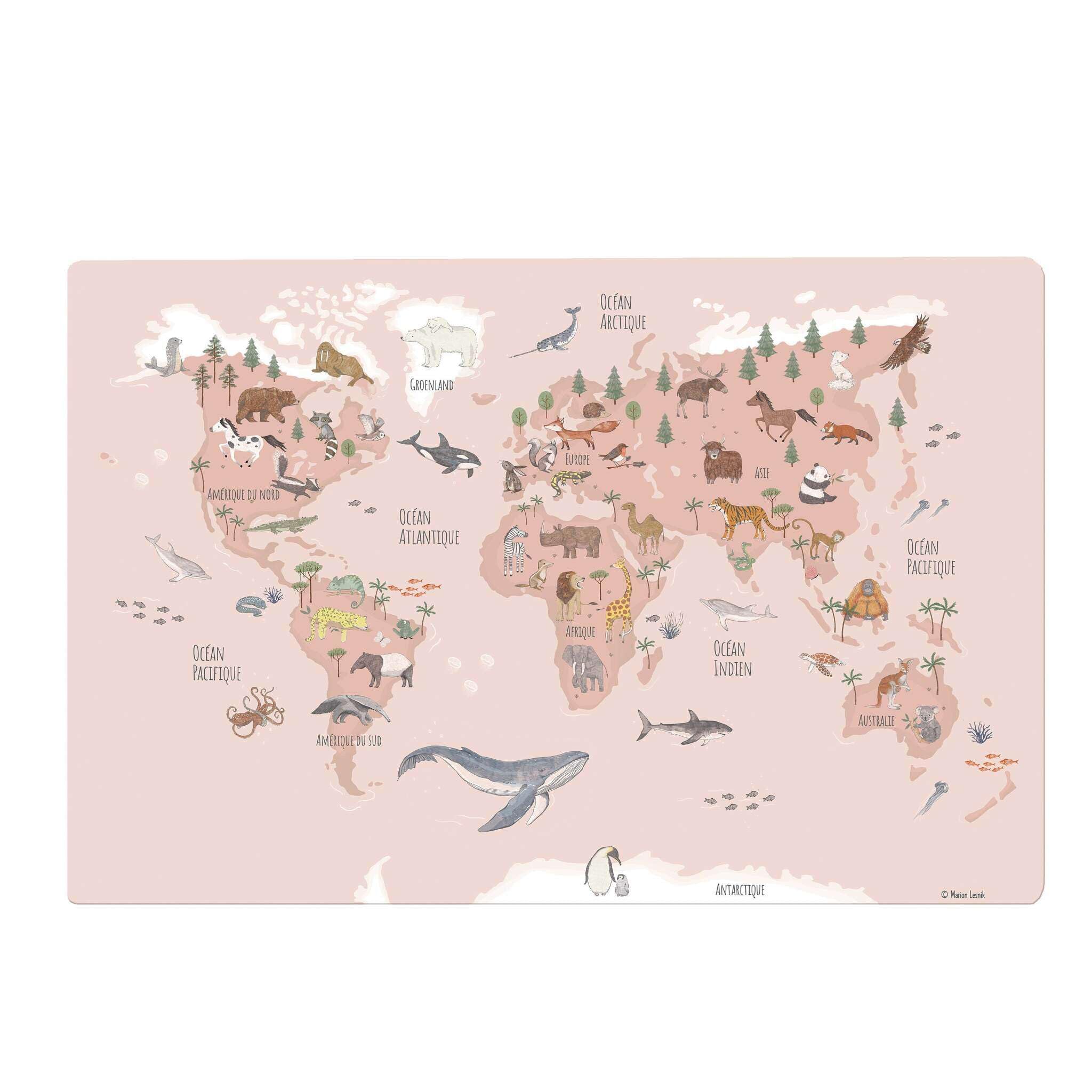 Sous-main pour enfants Carte du monde animaux rose français 60 x 40 cm vinyle