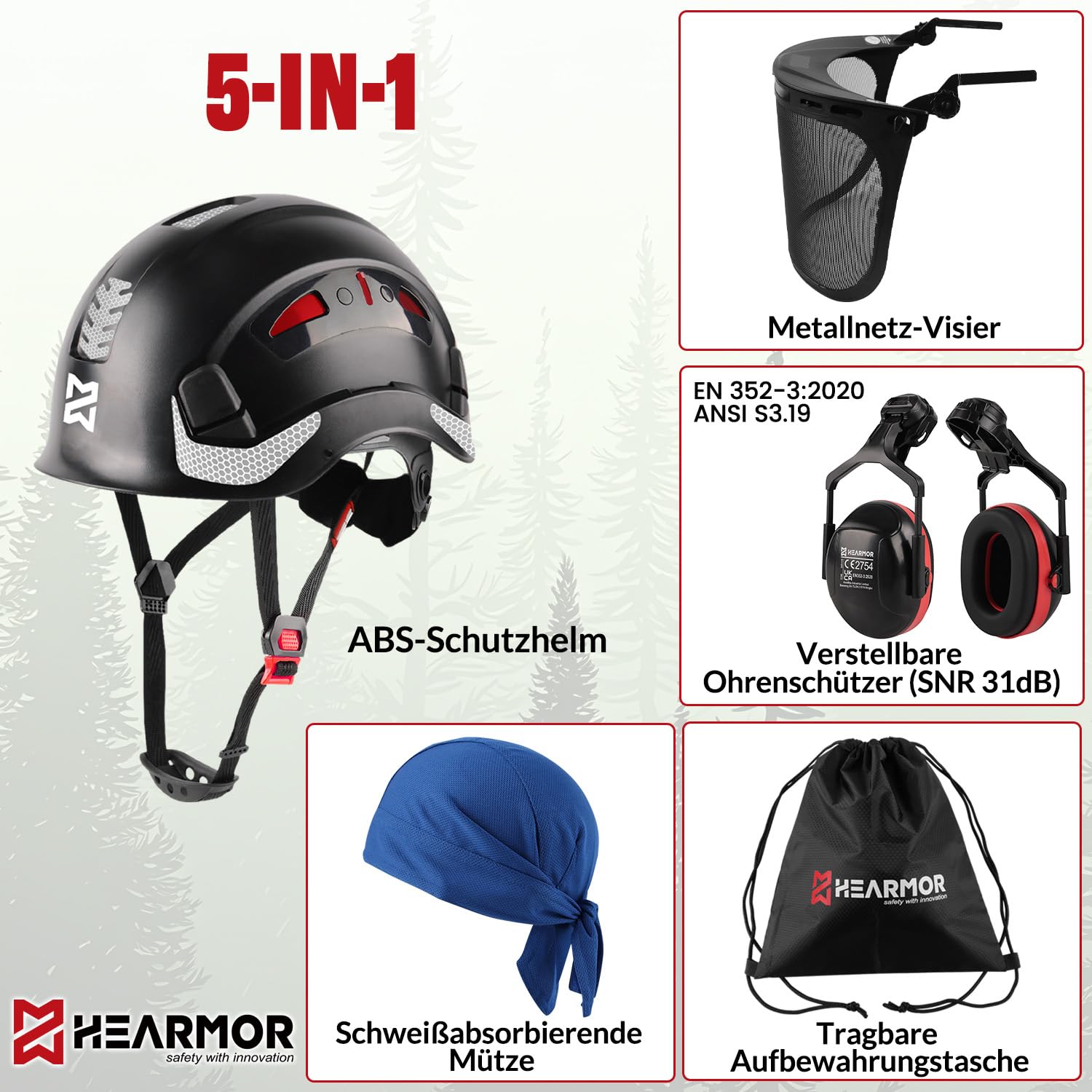 HEARMOR VOLTEK 5-in-1 Forsthelm Schutzhelm-Set mit Helme, Ohrenschutz, Visier, Schweißmütze und Tragetasche, stoßfest und komfortabel belüftet, ABS-Helm für Forstarbeiter, Gärtner und Holzfäller