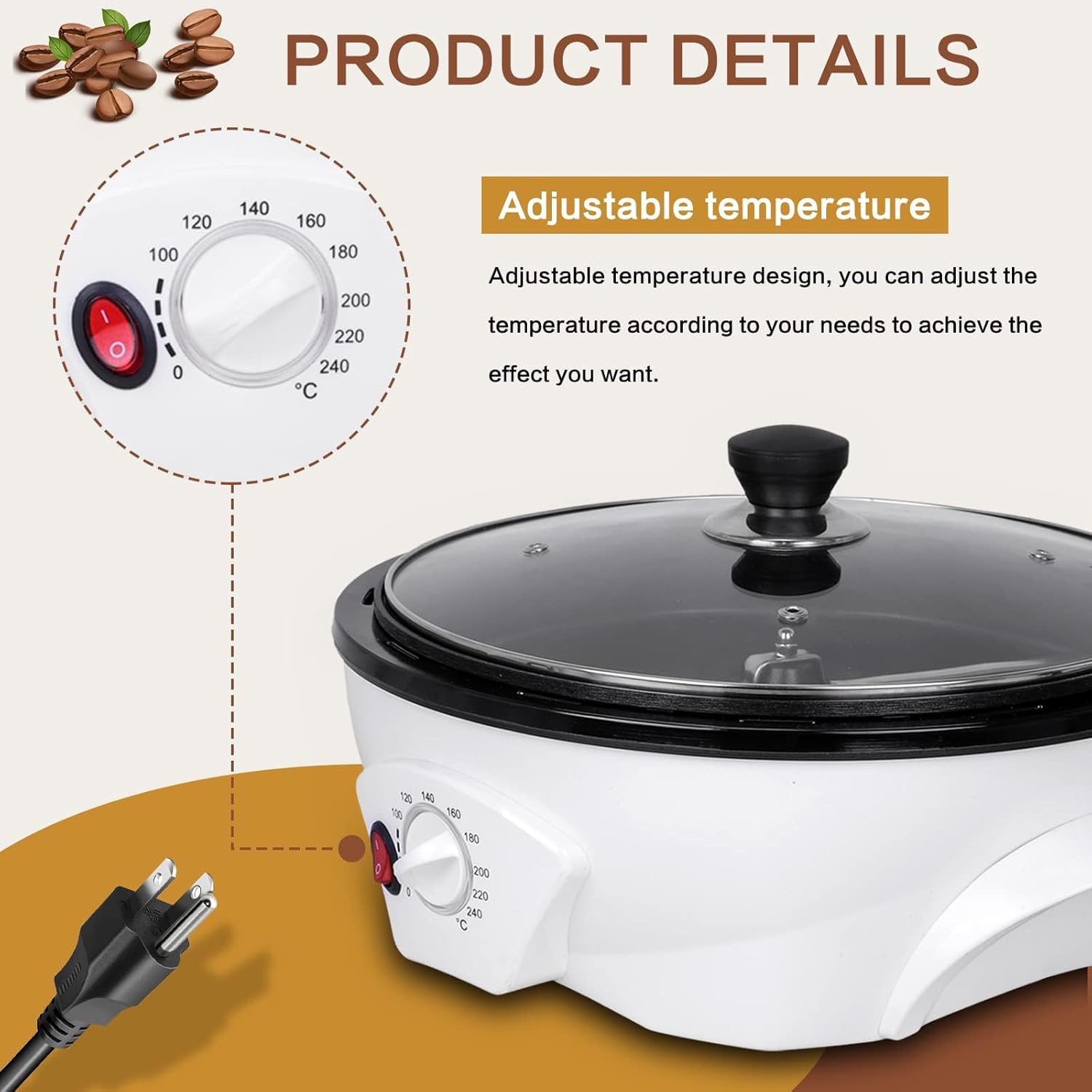 Electric Coffee Roaster Machine, 500g/17.6oz Coffee Bean Roaster for Home Use 0-240℃ Non-Stick Home Peanut Beans Roaster 800W 110V