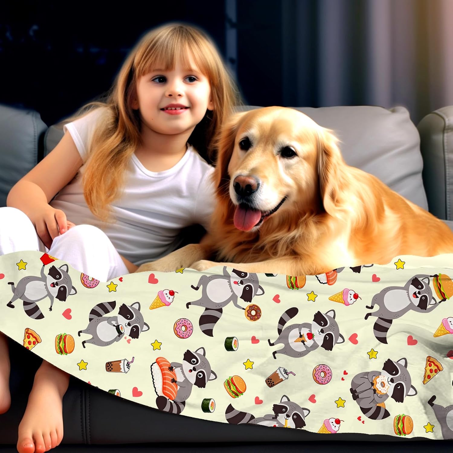 Raccoon Gifts for Women Raccoons Lover Plush Stuff Funny Hamburger Blanket With Pizza Sushi Bedding Merch Raccoon Blankets for Women Girls Boys Kids Adults Animal Lovers Sofa Bed Room Decor 50"x40" - Image 4