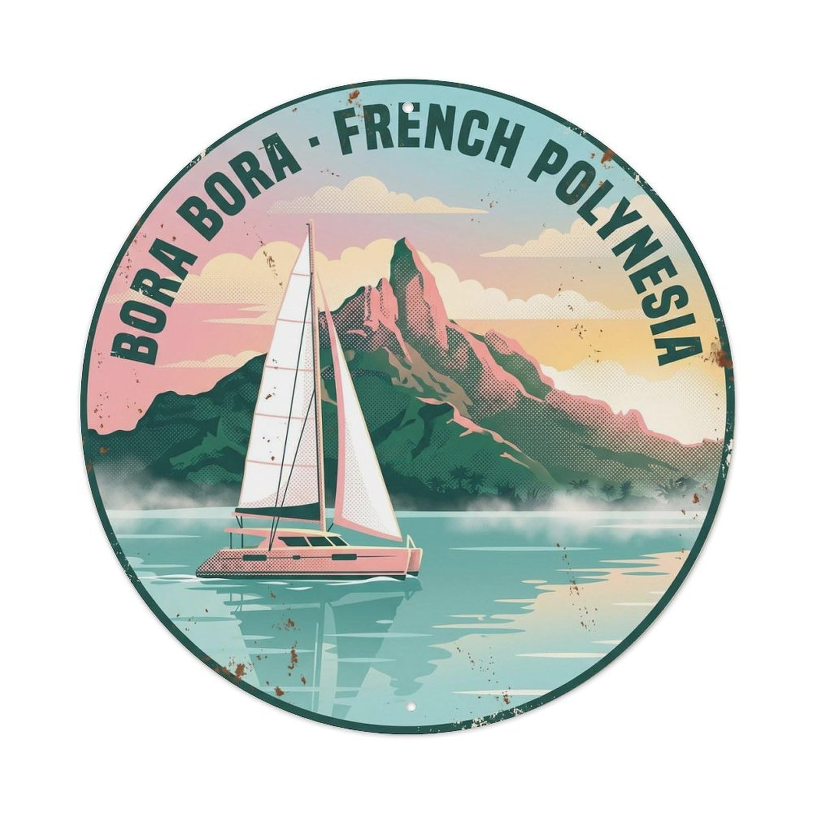 Olhnbad Style Catamaran Borabora Otemanu Lagoon Dawn Retro Metal Tin Sign