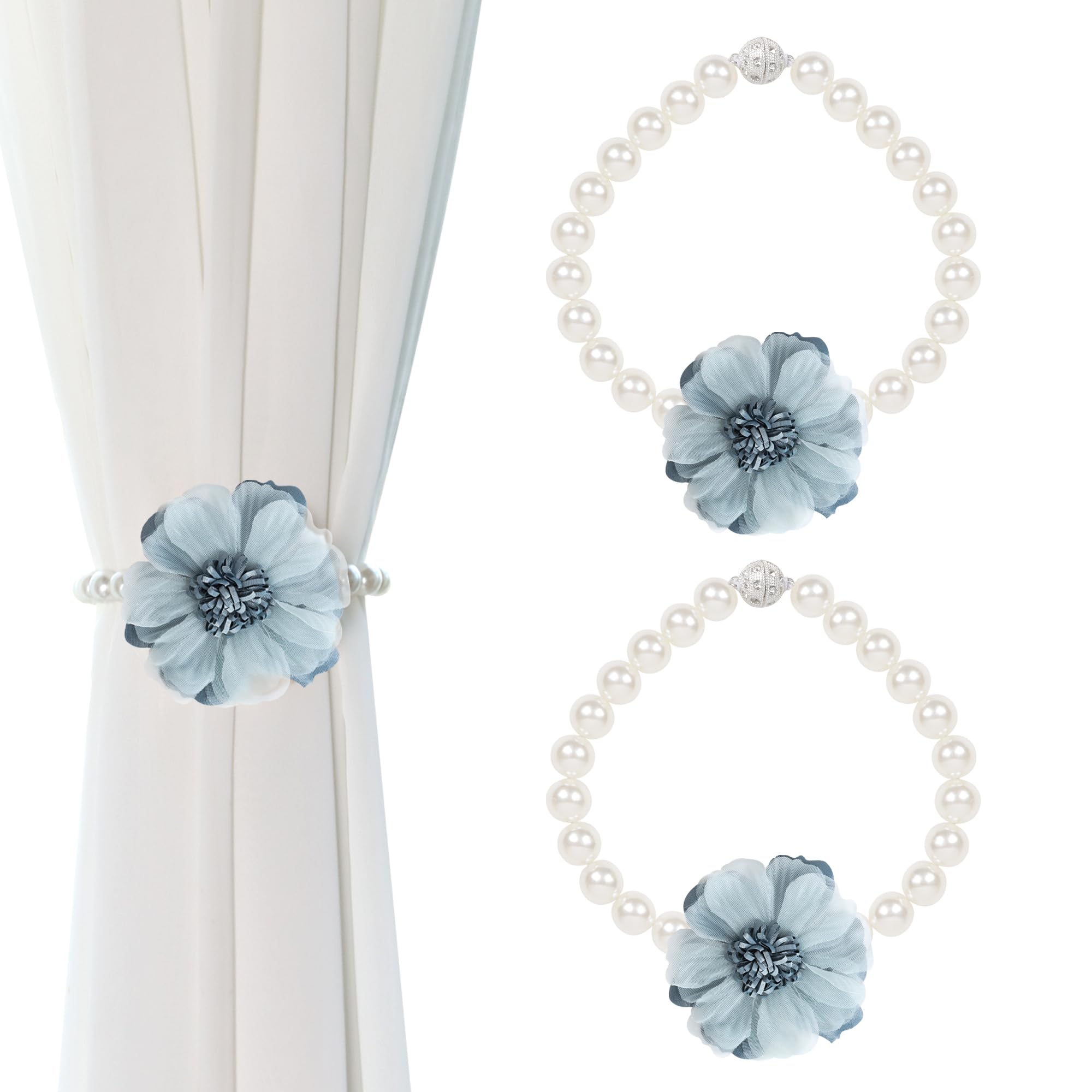 OCIOLI 2 Pack of Pearl Magnetic Curtain Tieback with Handmade Flower Decorative Curtain Holdbacks Curtain Ties Magnetic Tie Backs for Curtains (2, Blue)